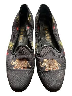 Zalo Black Embroidered Elephant Slip-On Flats, size 9